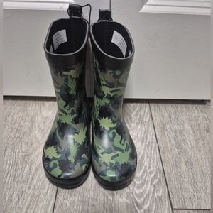 Kids Green Camo Dinosaur Rain Water Puddle Rubber Boots